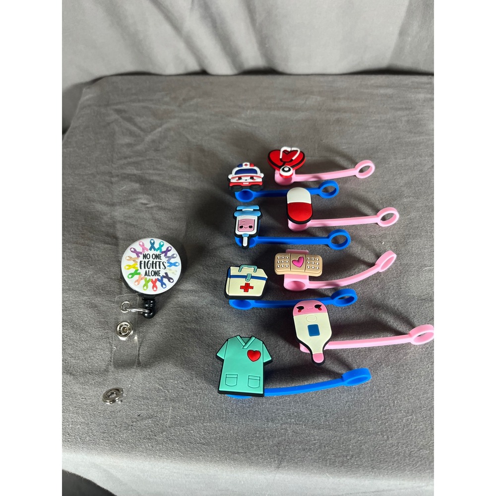 Nurse Doctor Medical Straw‎ Cover Set Badge Reel Set Cancer Awareness Ribbon